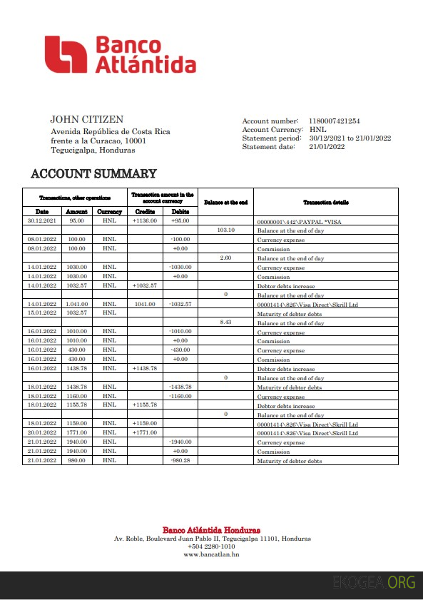 Modèle de relevé bancaire Honduras Banco Atlantida, format Word et PDF